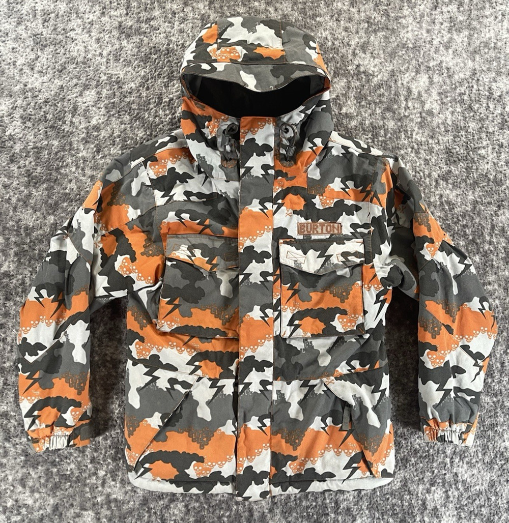 Burton Jacket Boys L Orange Camo Hooded Insulated Winter Snowboard Ski Nylon